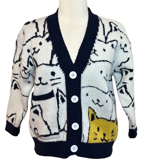 Harajuku Kawaii White Midnight Blue Cat Retro Cardigan Sweater Womens size Small - Picture 1 of 14